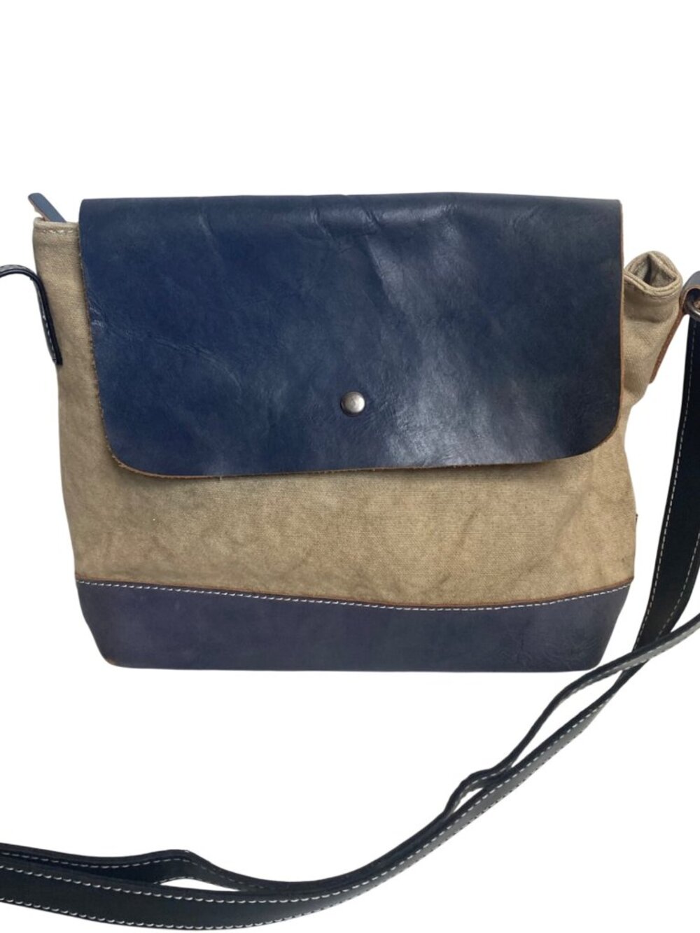 TSD Brand Canvas Leather Crossbody Bag 2 Tone Blue Beige Classic Lightweight - Picture 3 of 16